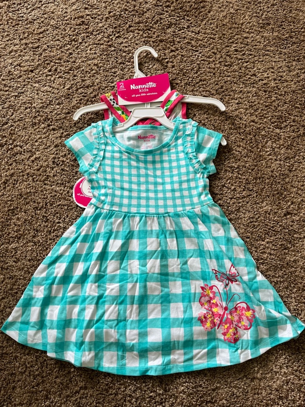 Nannette Girls' Aqua Gingham Dress with Butterfly Accent